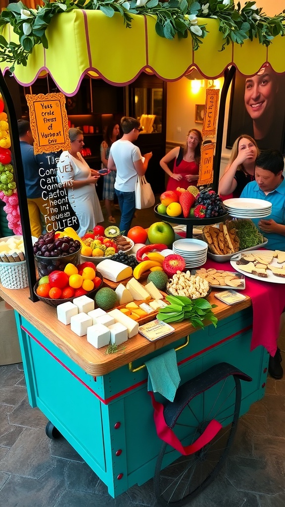 An inviting snack cart with fruits, cheeses, vegetables, and sweets, set in a lively gathering atmosphere.